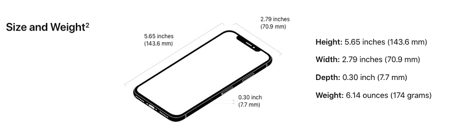 Rozmery nového modelu iPhone X. Výška 143,6 mm, šírka 70,9 mm, hrúbka 7,7 mm, hmotnosť 174 g.