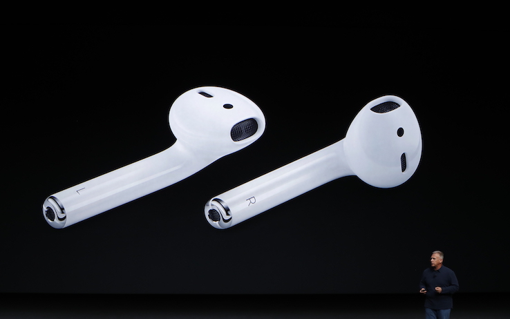 SAN FRANCISCO, CA - SEPTEMBER 07: Apple Senior Vice President of Worldwide Marketing Phil Schiller announces AirPods during a launch event on September 7, 2016 in San Francisco, California. Apple Inc. is expected to unveil latest iterations of its smart phone, forecasted to be the iPhone 7. The tech giant is also rumored to be planning to announce an update to its Apple Watch wearable device. (Photo by Stephen Lam/Getty Images)