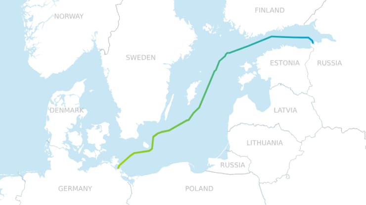 Trasa navrhovaného nového plynovodu Nord Stream 2, z Ruska do Európy.