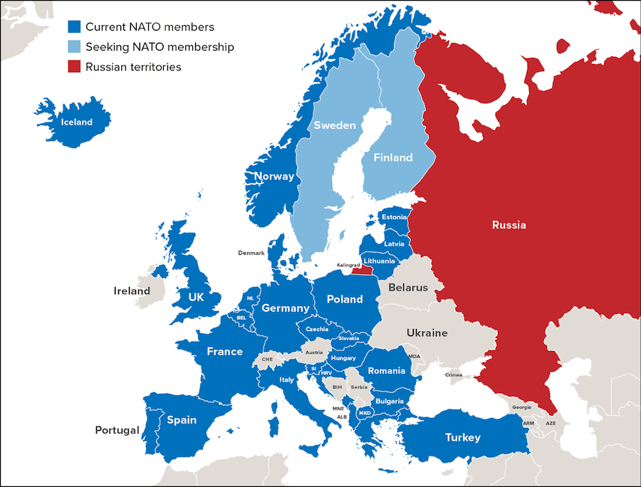 Od roku 2022 sa NATO rozšírilo o tri bývalé sovietske štáty a všetky bývalé krajiny Varšavskej zmluvy.